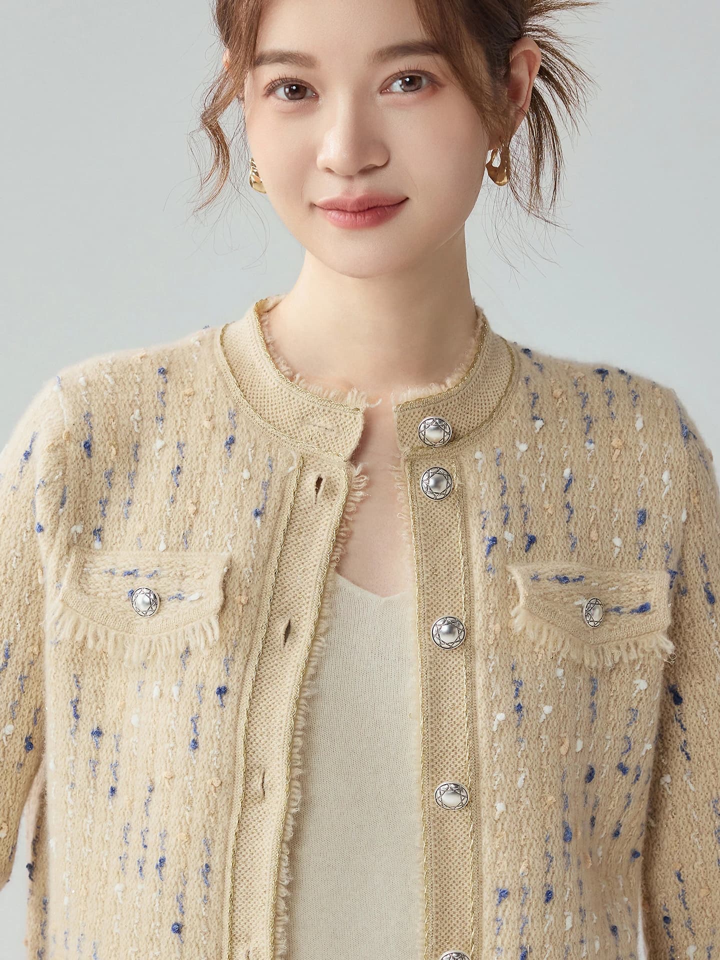 加厚花纱浅金丝小香风开衫 · 正面